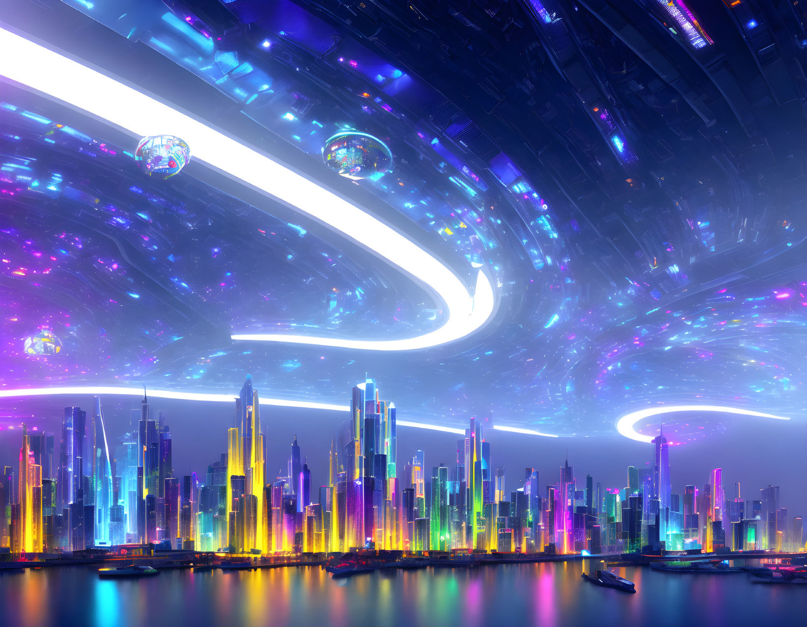 Neon-lit skyscrapers in futuristic cityscape