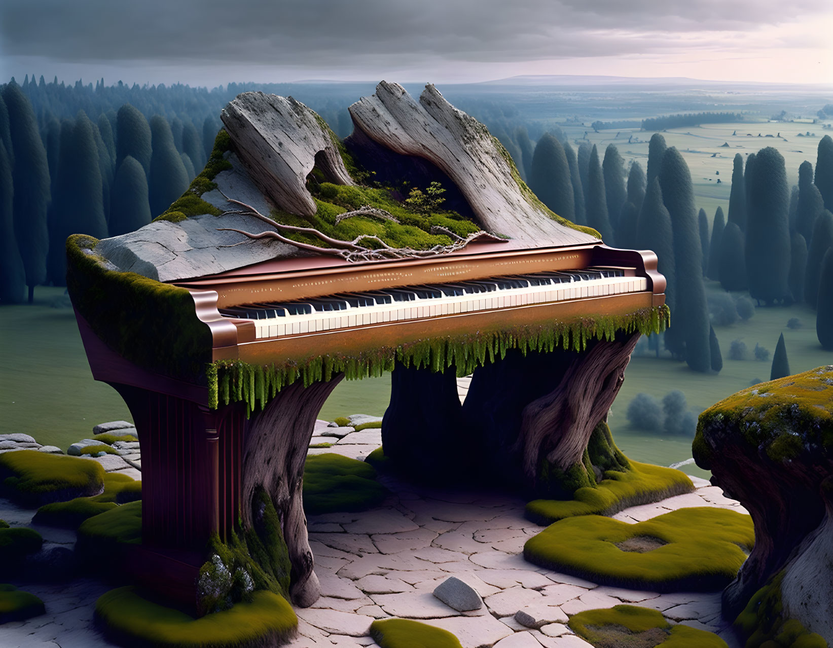 Surreal grand piano blending with moss, rocks, and trees in dusky landscape