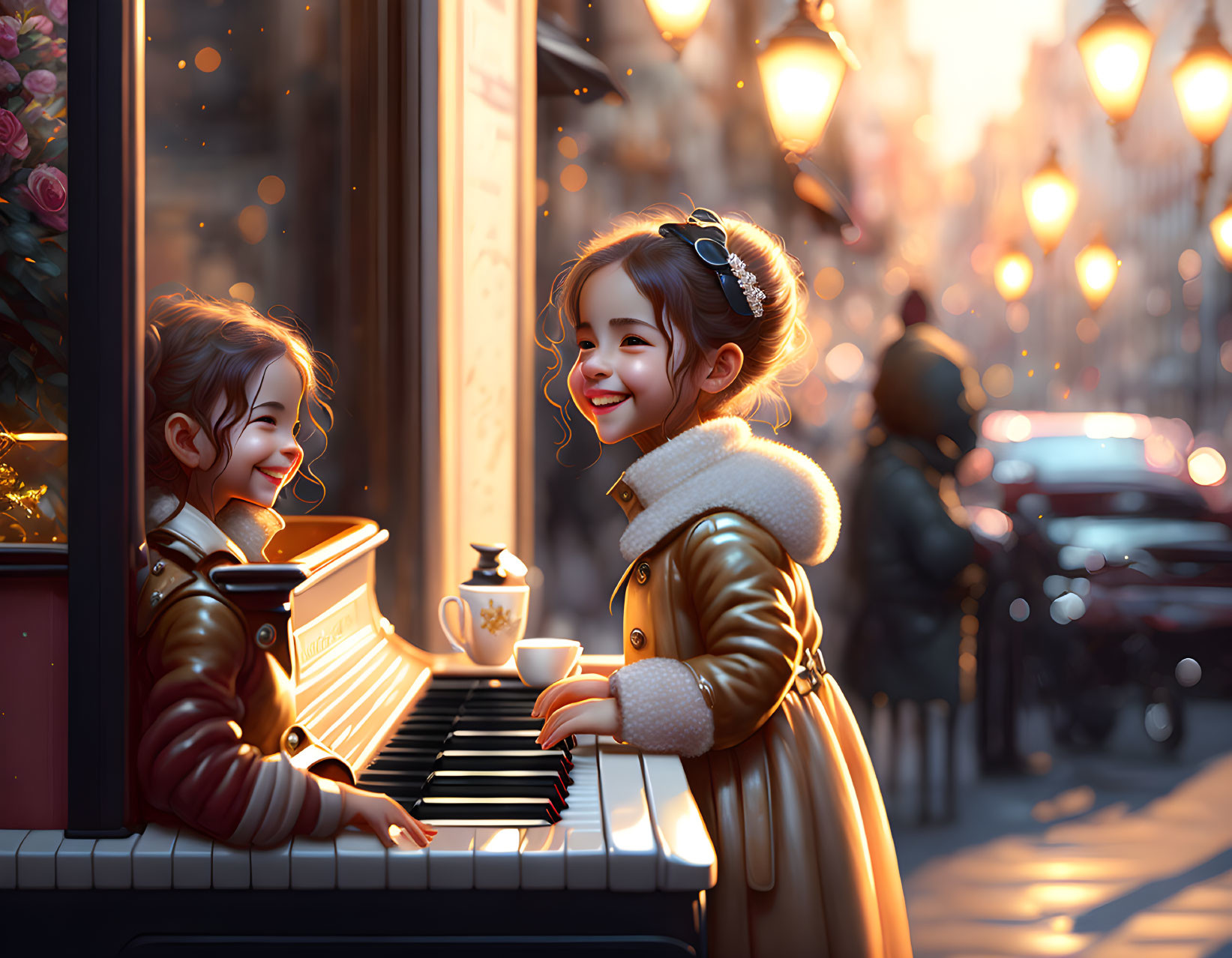 Young girl in warm coat plays piano on city street at dusk