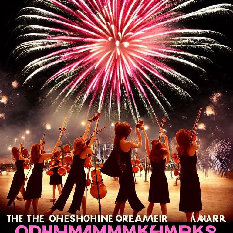 Animated characters playing brass instruments under vibrant fireworks.