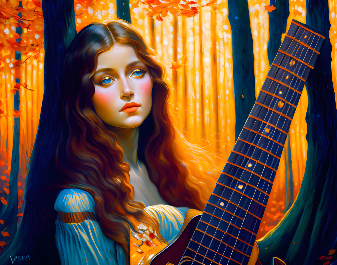 Digital Painting: Woman with Wavy Hair and Guitar in Autumn Forest