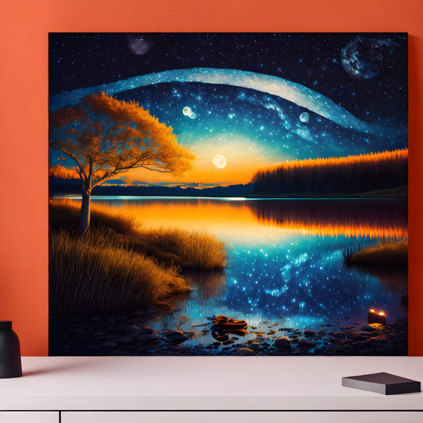 Colorful wall painting of cosmic night sky with stars, planets, tree, and serene lake.