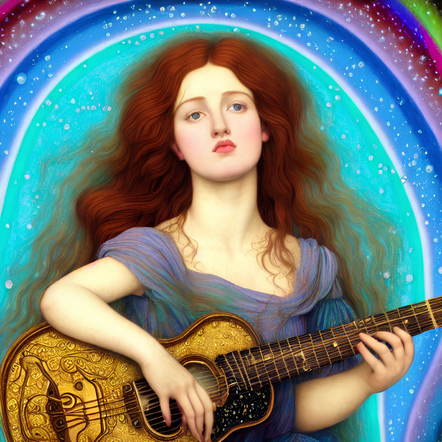 Pre-Raphaelite Style Woman with Red Hair Holding Guitar in Cosmic Scene