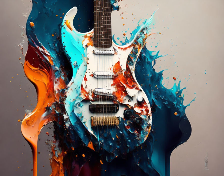 Colorful Electric Guitar on Gray Background: Fusion of Music and Art