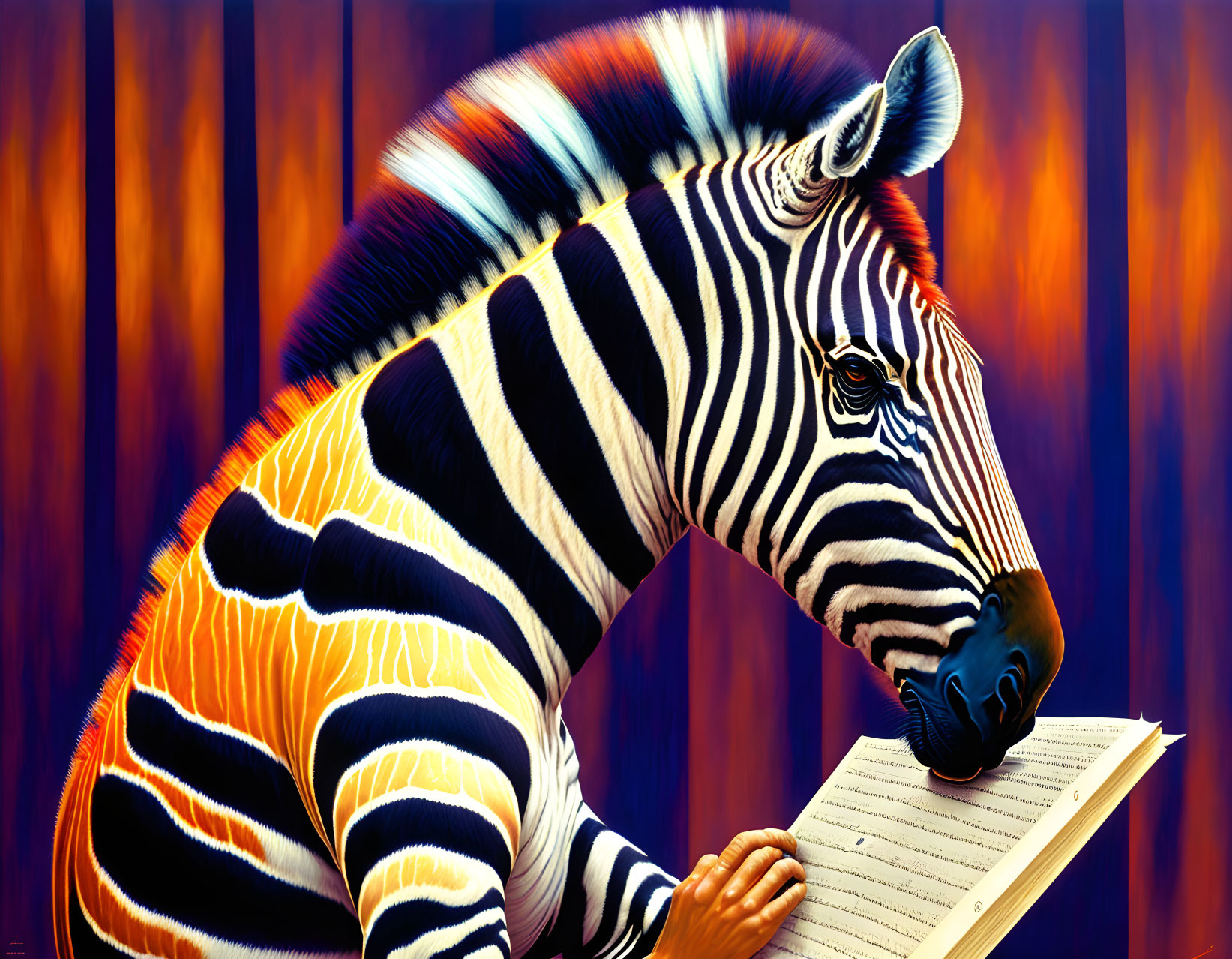 Surreal illustration: zebra with human hands reading book