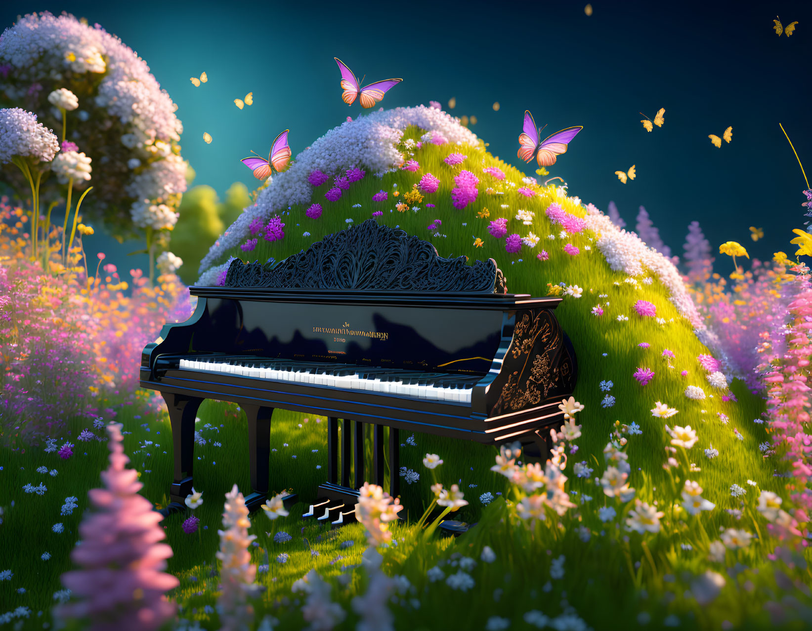 Grand piano with flowers and butterflies under twilight sky