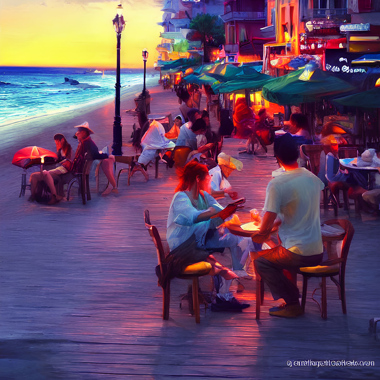 Scenic beachside promenade at sunset with diners and strollers