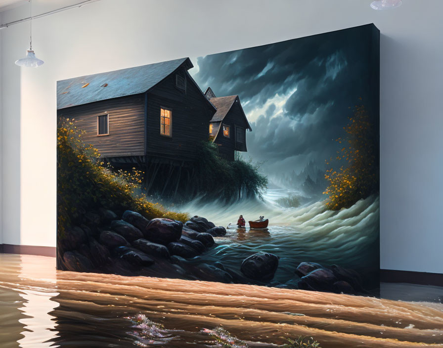 Surreal painting of house on stilts over river with boat and figures under stormy sky