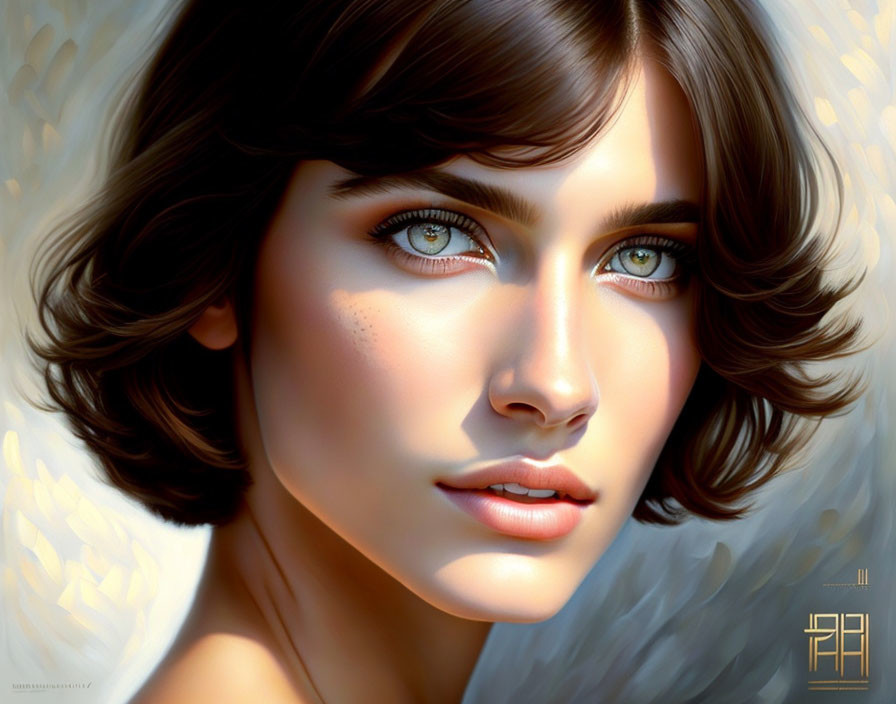 Portrait of woman with short brown hair and blue eyes