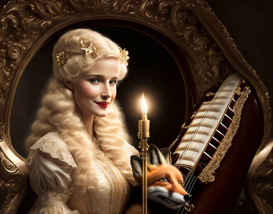 Blonde woman with flowers holding candlestick beside harp and fox