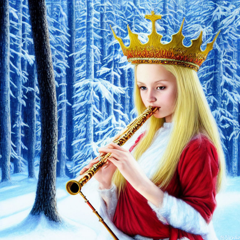 Blonde individual in golden crown plays woodwind instrument in snowy forest