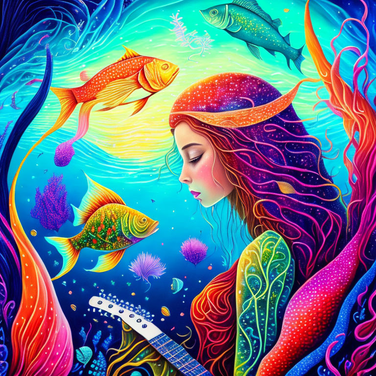 Colorful underwater dreamscape with woman, fish, and coral