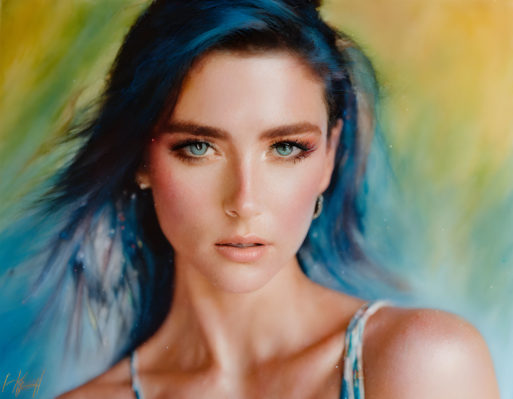 Portrait of woman with blue eyes, dark hair, and bold makeup on vibrant backdrop