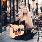 Blonde Woman with Acoustic Guitar on Pavement with Street Background