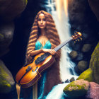 Young woman with long wavy hair playing guitar by serene waterfall