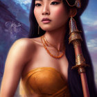 Digital artwork featuring woman with gold jewelry and staff against mountain backdrop