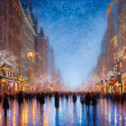 Impressionistic painting of a bustling night street scene