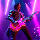 Performer in sunglasses plays red guitar on brightly lit stage