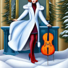 Stylized illustration of elegant woman in white fur coat and red dress holding cello in festive winter