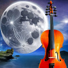 Vibrant orange violin against fantastical moonlit backdrop