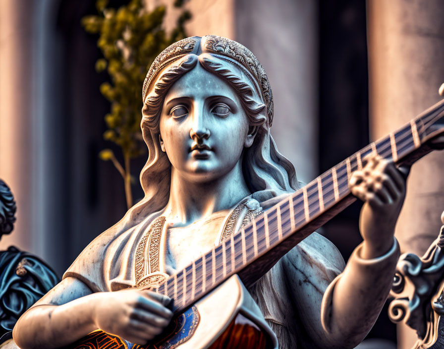 Classical woman statue playing stringed instrument in serene expression