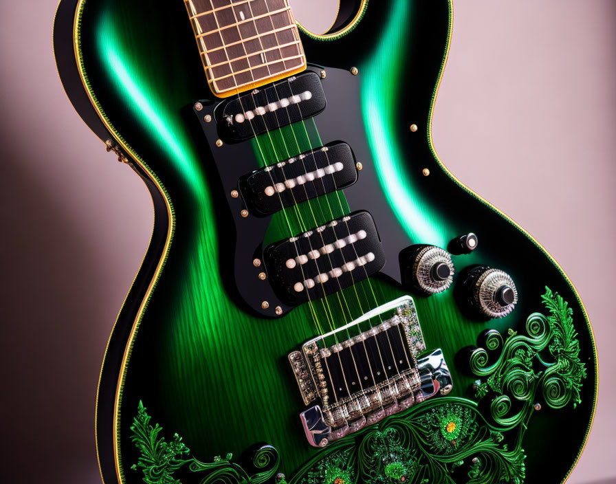 Detailed Green Electric Guitar with Sunburst Pattern and Ornate Engraving