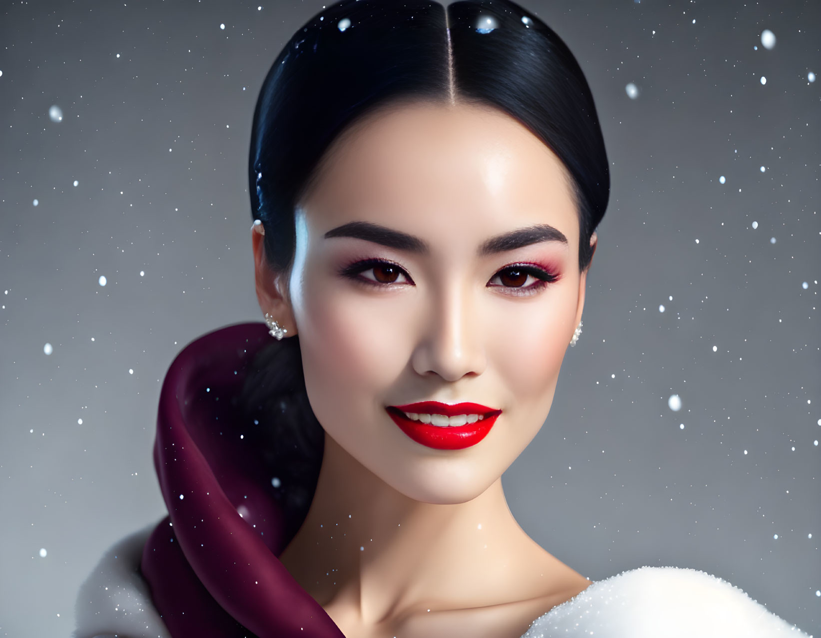 Woman with red lipstick in white outfit amid falling snowflakes