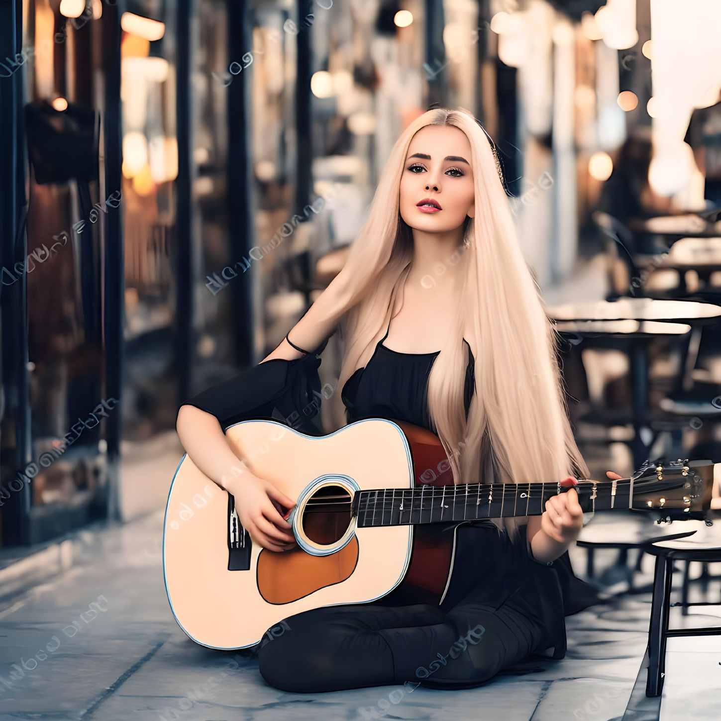 Blonde Woman with Acoustic Guitar on Pavement with Street Background