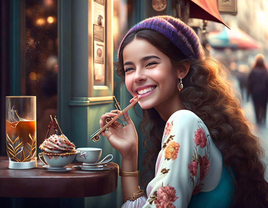 Smiling woman with curly hair in beret at cafe with cupcake and tea