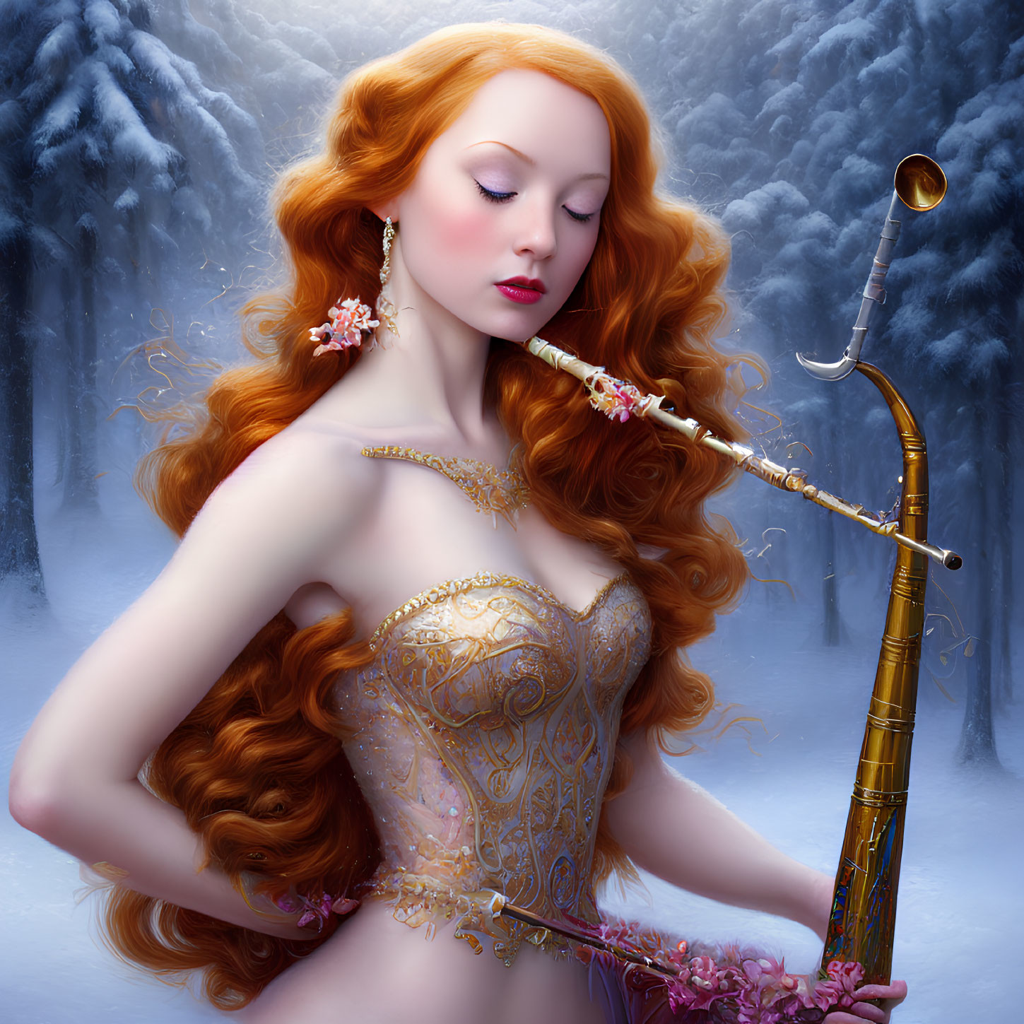 Red-haired woman in ornate dress with golden saxophone in snowy enchanted forest