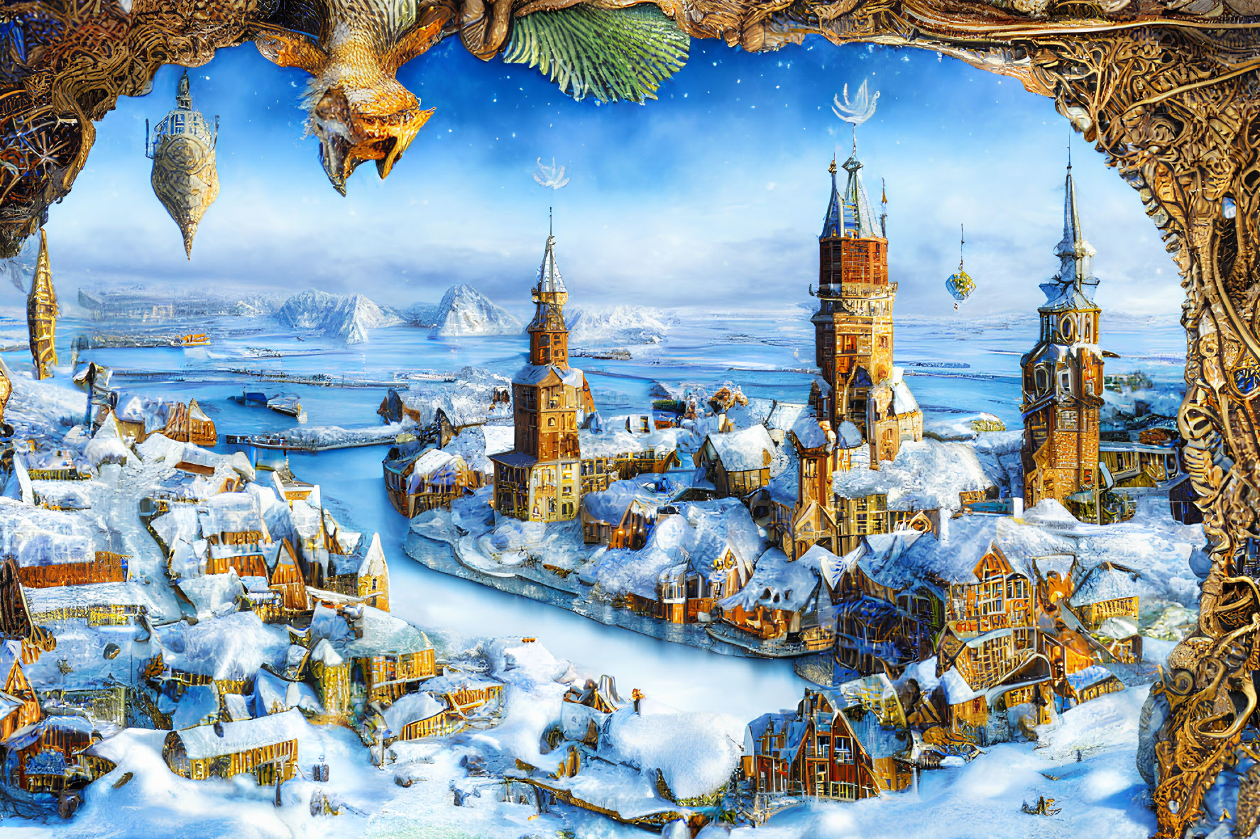 Fantastical winter landscape with dragon and medieval-style buildings