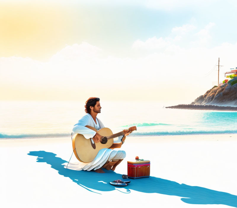 Person playing guitar on beach with sea, rocks, and clear sky