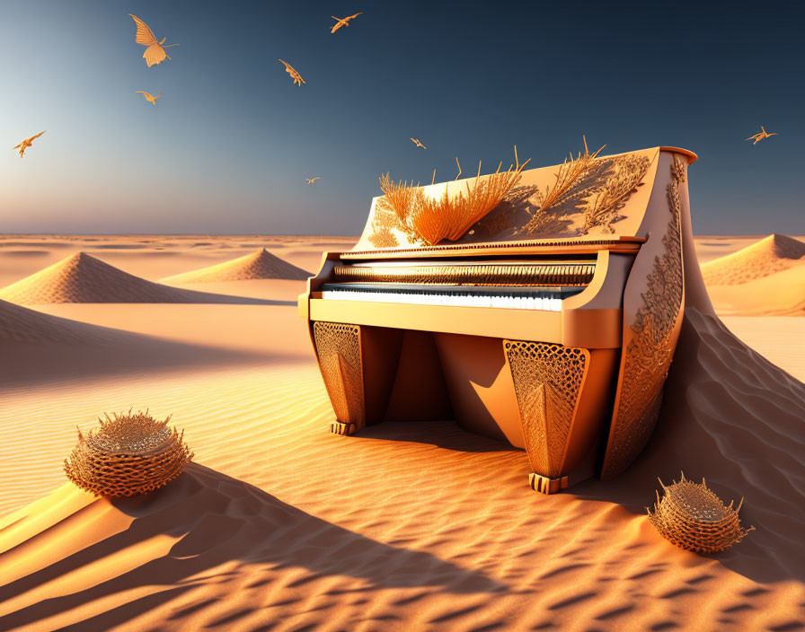 Intricately patterned grand piano in desert landscape