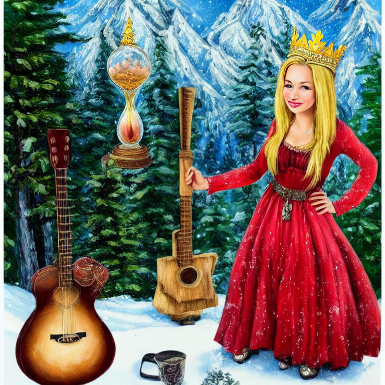 Stylized painting of smiling woman in red dress with crown, guitar, hourglass, and shovel