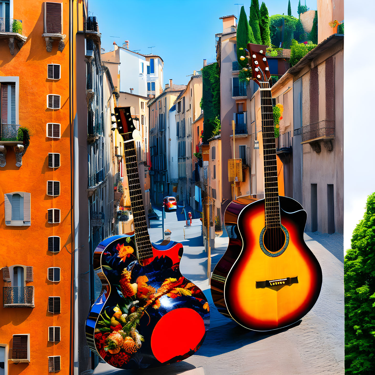 Surreal image: Oversized guitars on European street