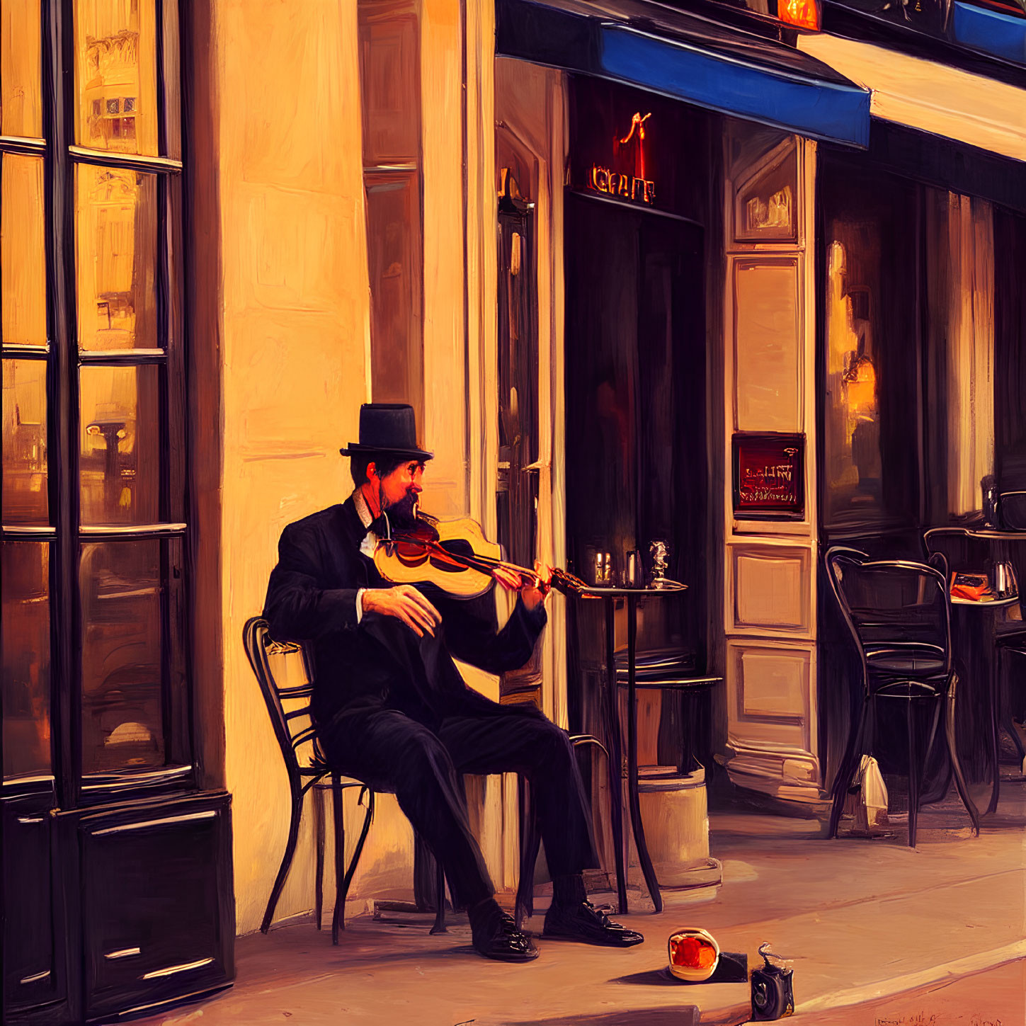 Man in suit and top hat playing violin outside cafe with open case for tips.