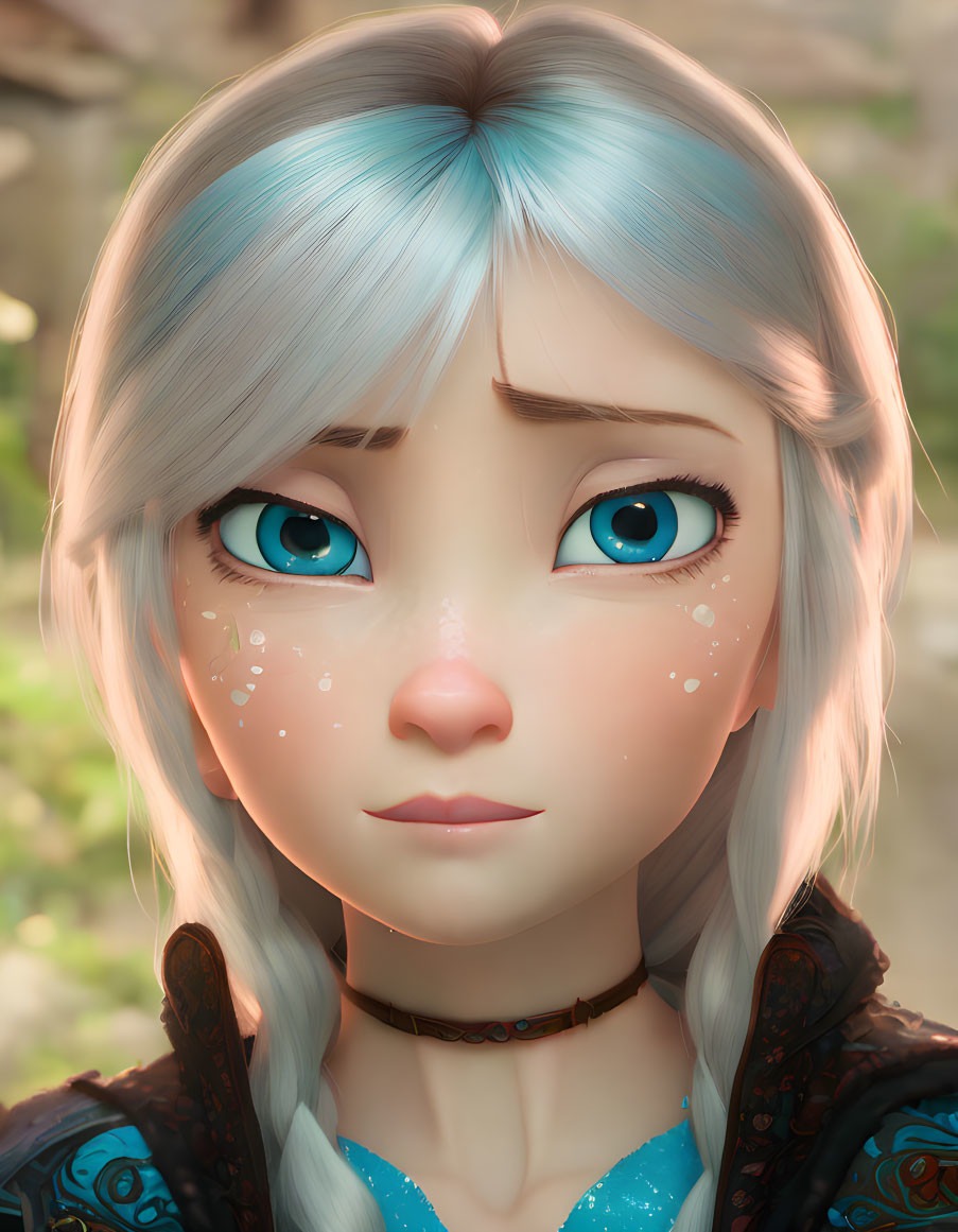 Animated Female Character with Blue Eyes and Braided Platinum Blonde Hair