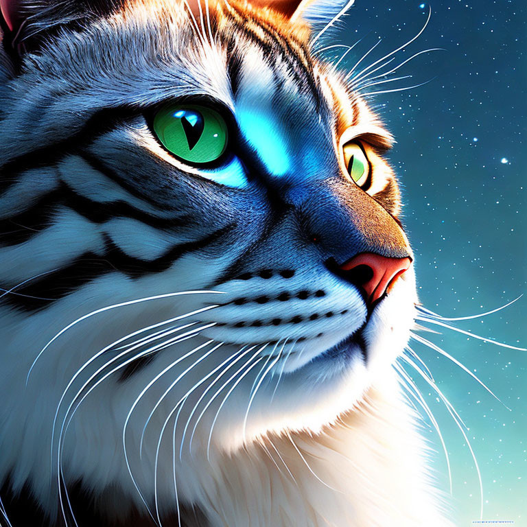 Close-up Illustration: Cat with Green Eyes, Blue and Orange Fur on Starry Night Sky