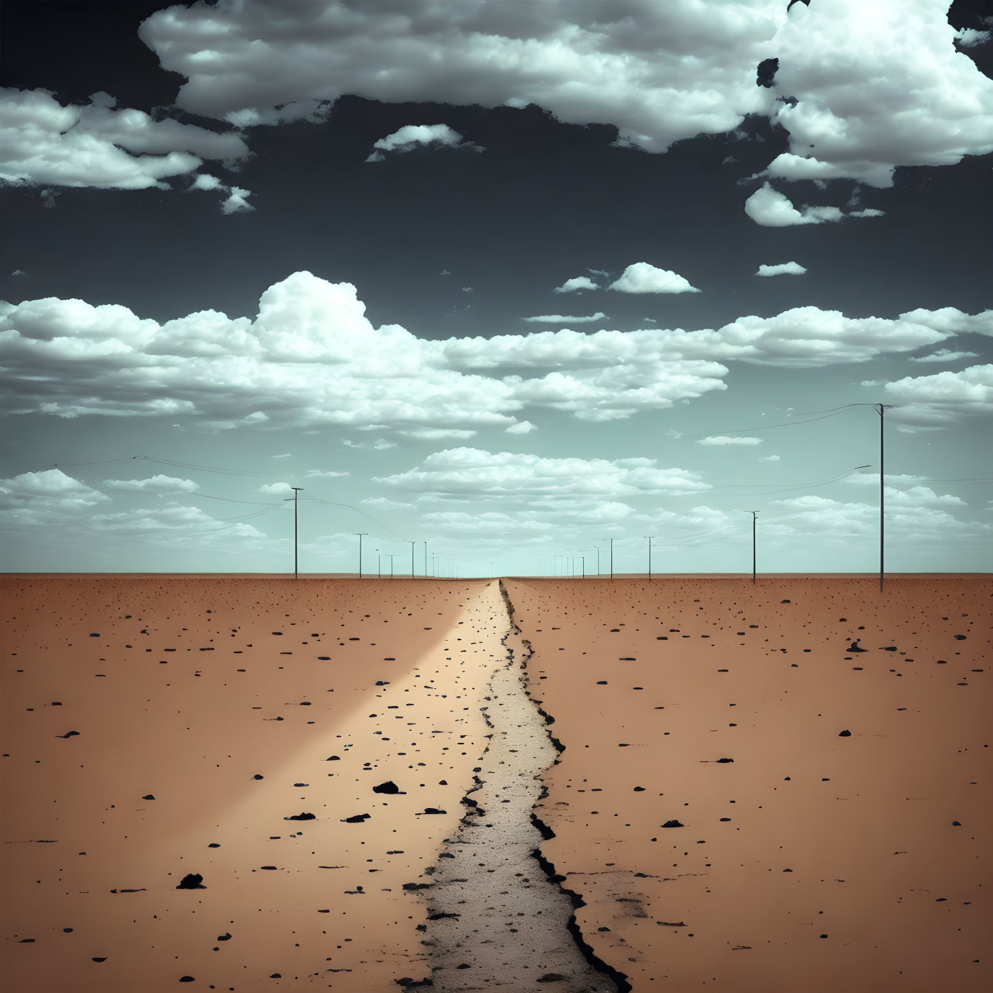 Deserted road in barren landscape under dramatic cloudy sky