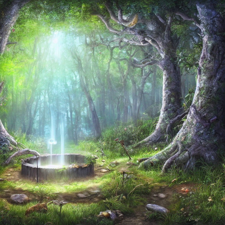 Mystical well in enchanted forest clearing with sunlight beam