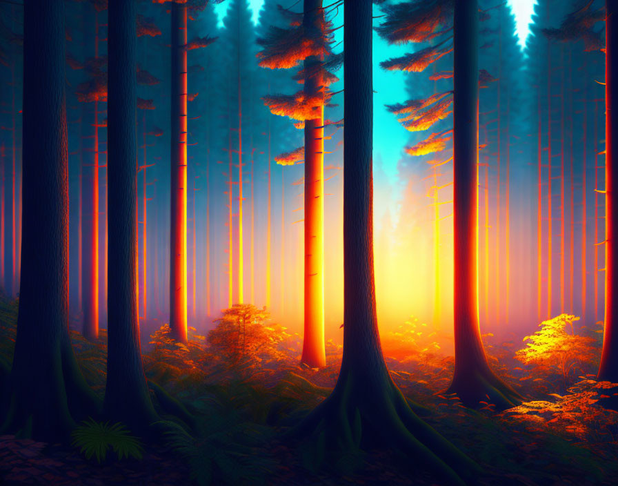 Towering Trees in Mystical Forest with Sunbeams and Orange Glow