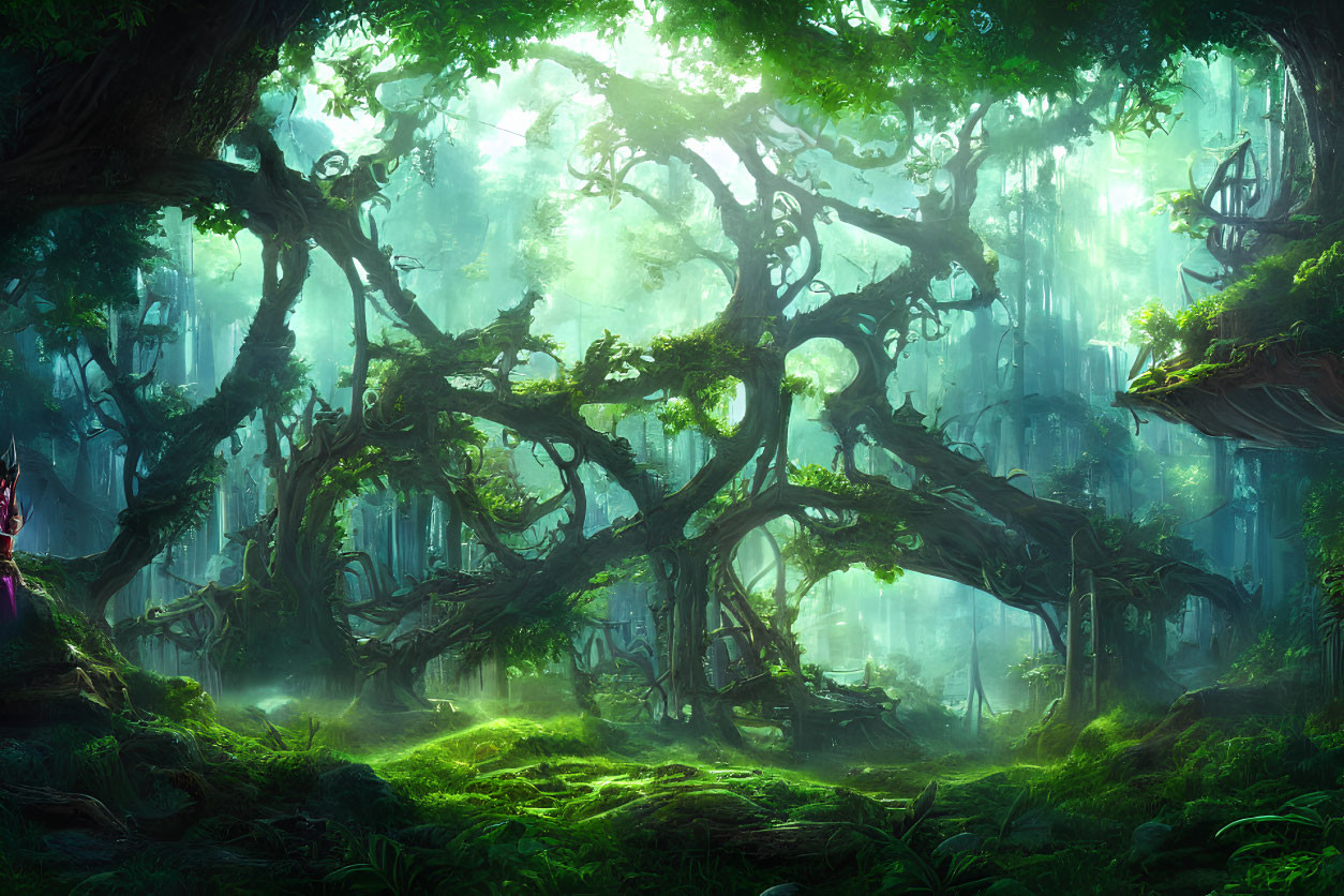 Mysterious forest scene with twisted trees and ethereal light