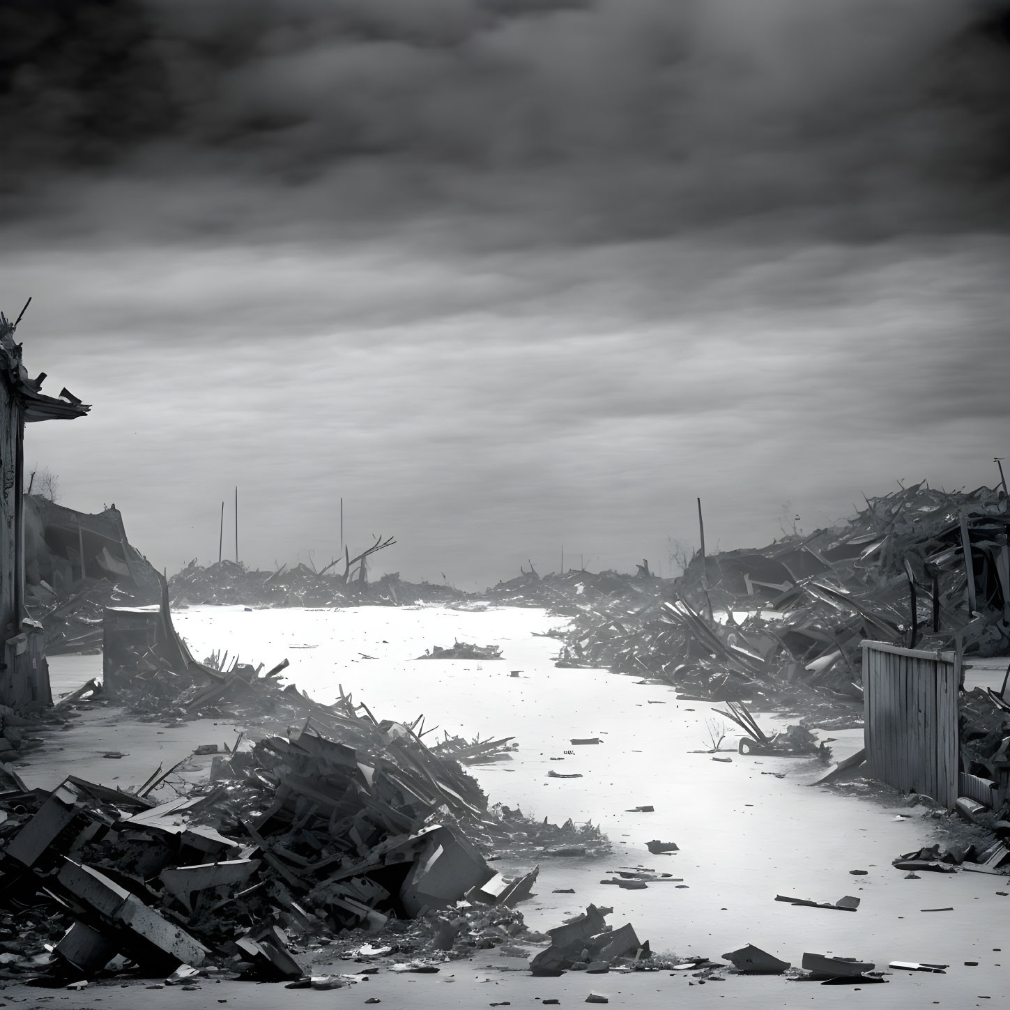 Monochrome image of devastated area with debris and ruins