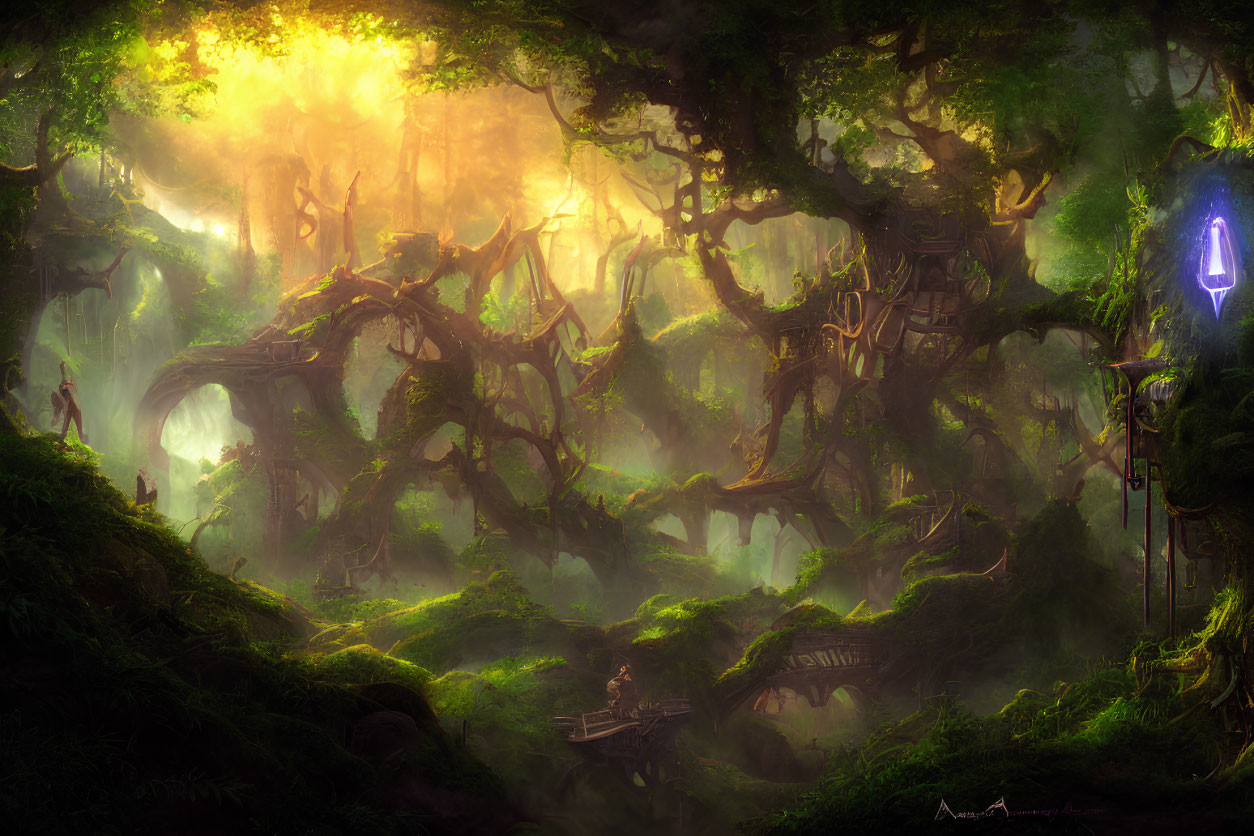 Ethereal forest scene with sunlight, moss-covered trees, ancient bridges, and glowing artifact