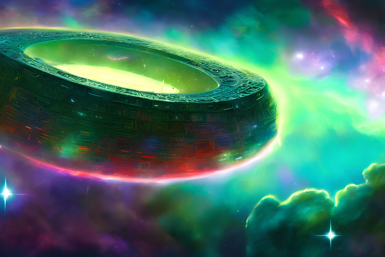 Colossal ring-shaped spaceship in vibrant sci-fi nebula