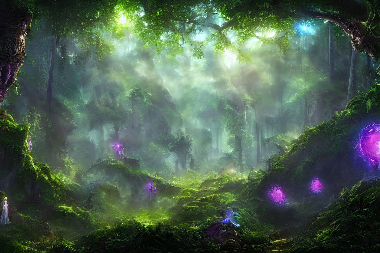 Mystical forest with vibrant orbs, ethereal light, and cloaked figure