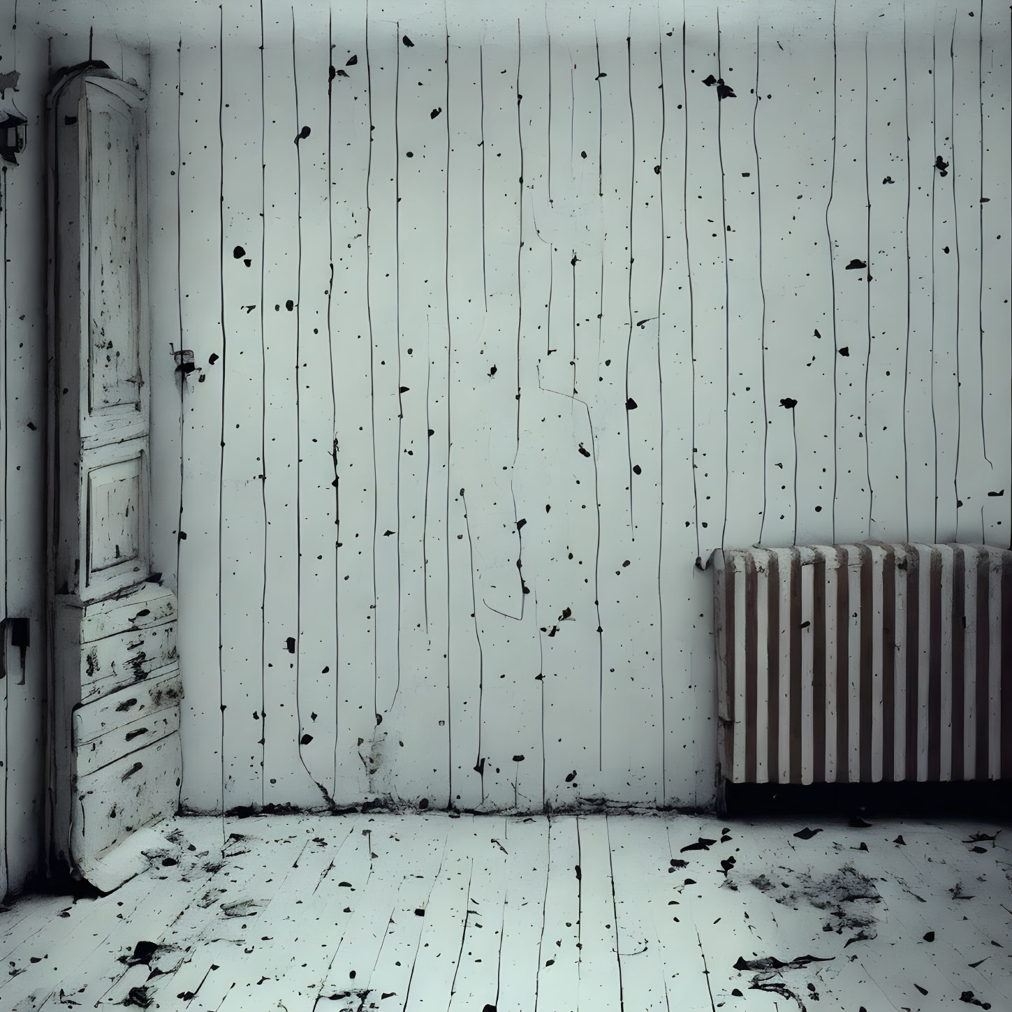 Desolate room with black ink splatters, wooden door, old radiator under dim light