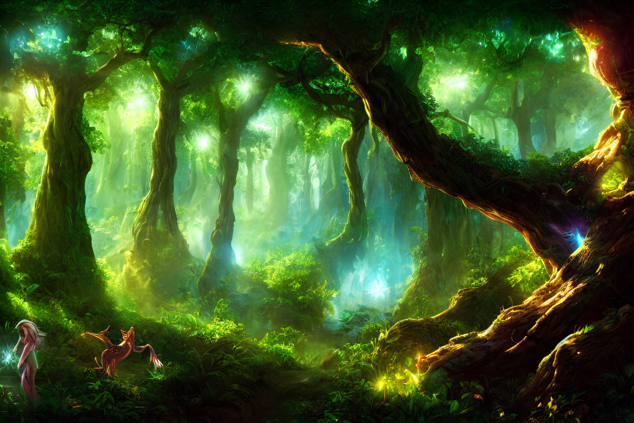 Enchanting forest with luminescent plants and magical creatures