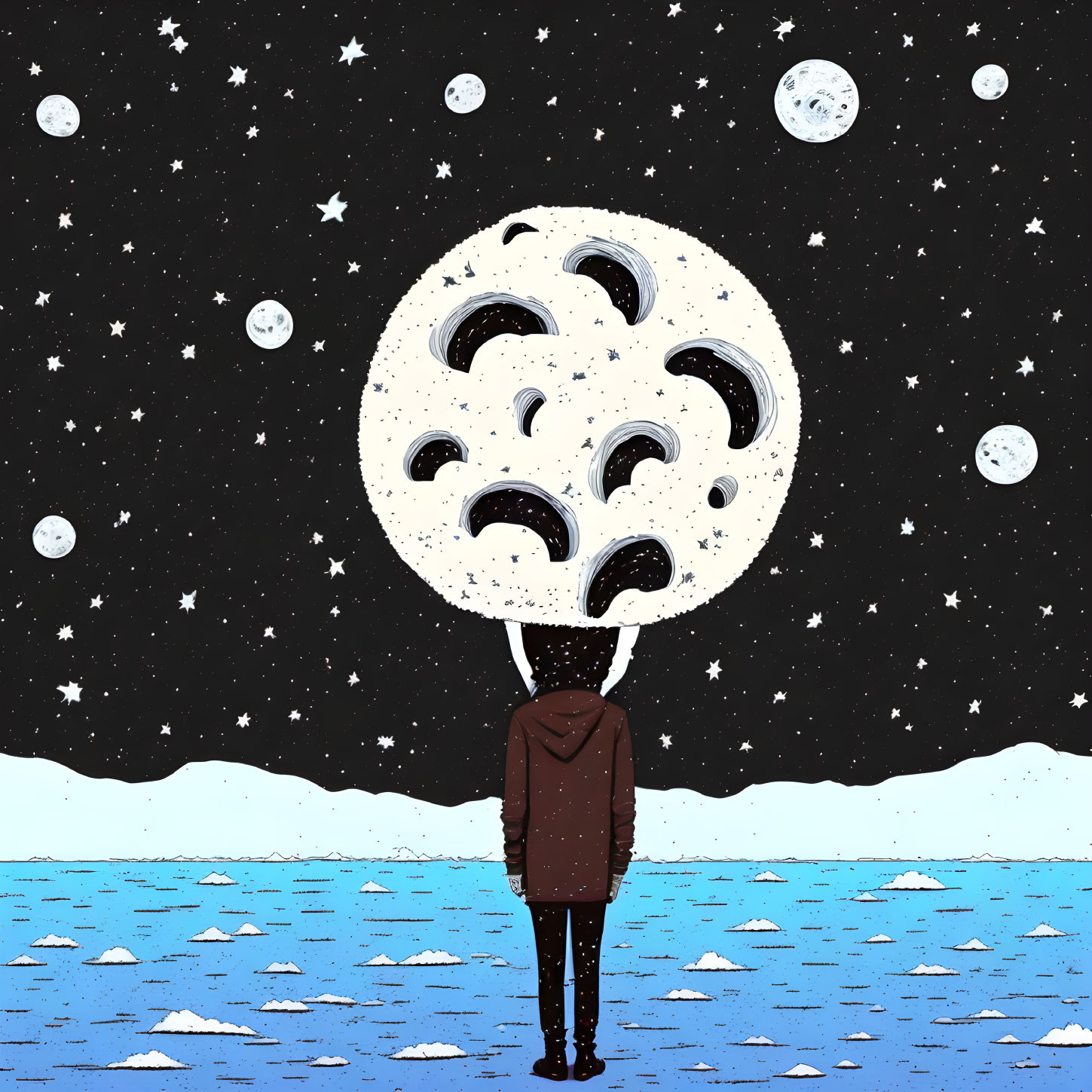 Figure in snowscape under large cratered moon with stars.