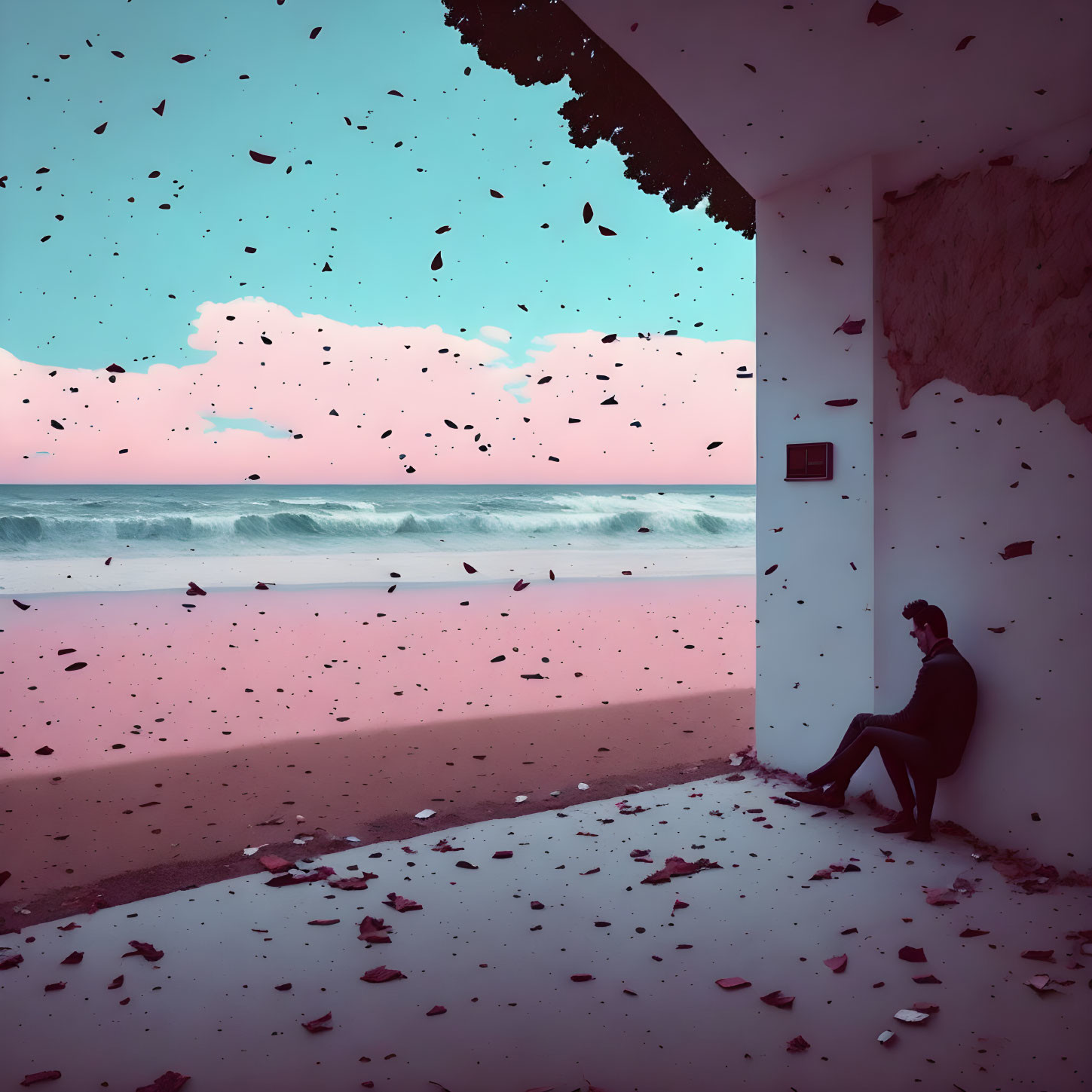 Person sitting in damaged building overlooking serene beach with pink-hued fragments.